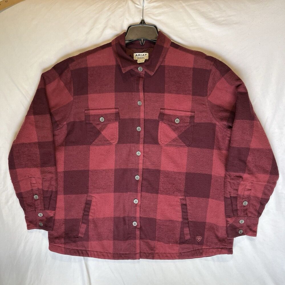 Ariat Real Womens 2XL Quilted Flannel Shirt Jacket Burgundy Buffalo Plaid Lined